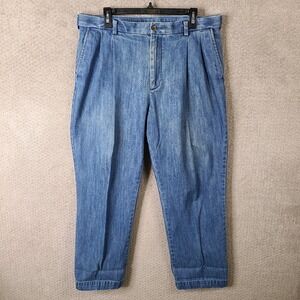 VTG Roundtree & Yorke Pants Men 36x30 Pleated Classic Fit Blue Denim Trousers